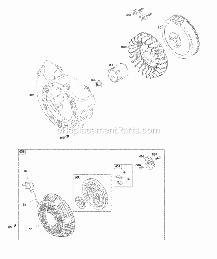 Blower Housing Flywheel Rewind Starter Diagram and Parts List for 25P132-0002-G1  Briggs and Stratton Engine